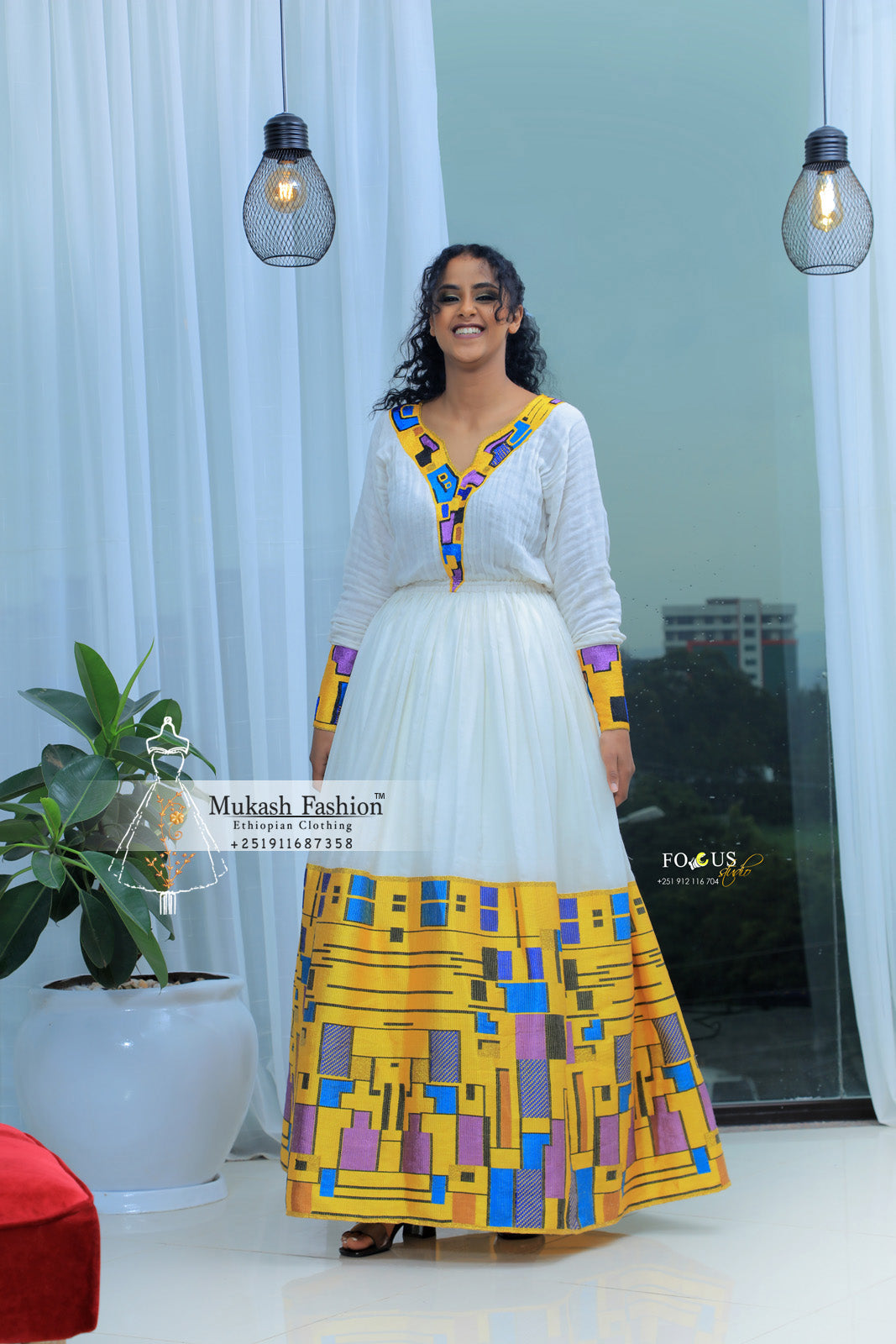modern habesha dress 2021 Elegant White Ethiopian Dress with Red & Gold Embroidery